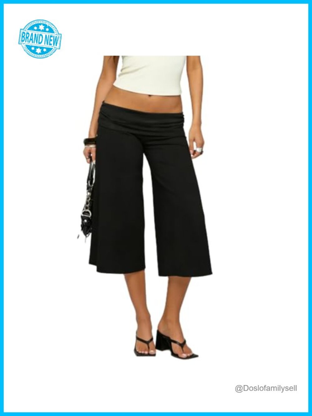 Women Fold Over Gaucho Pants Wide Leg Low Rise Cropped Lounge Capris
